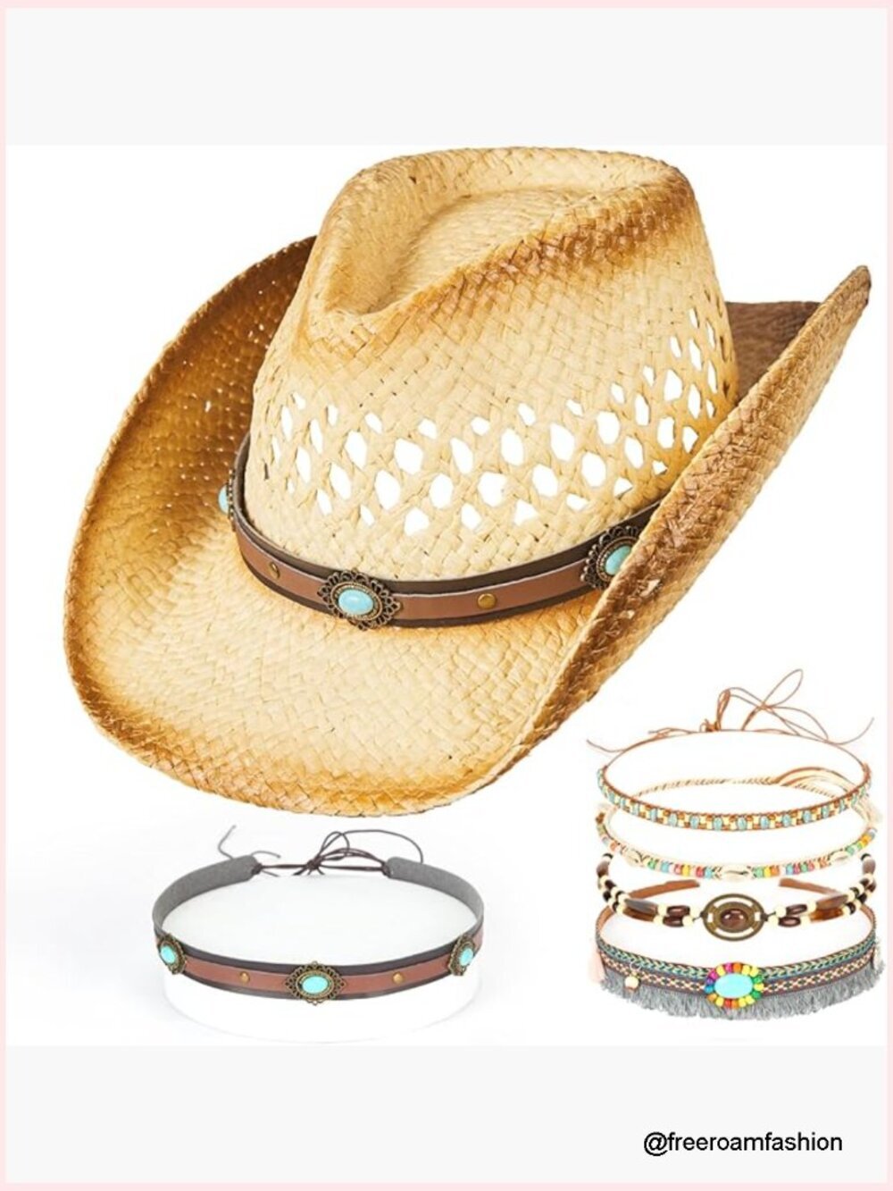 Straw Cowboy Hat with Detachable Bands, Adjustable Sun Hat for Women Men
